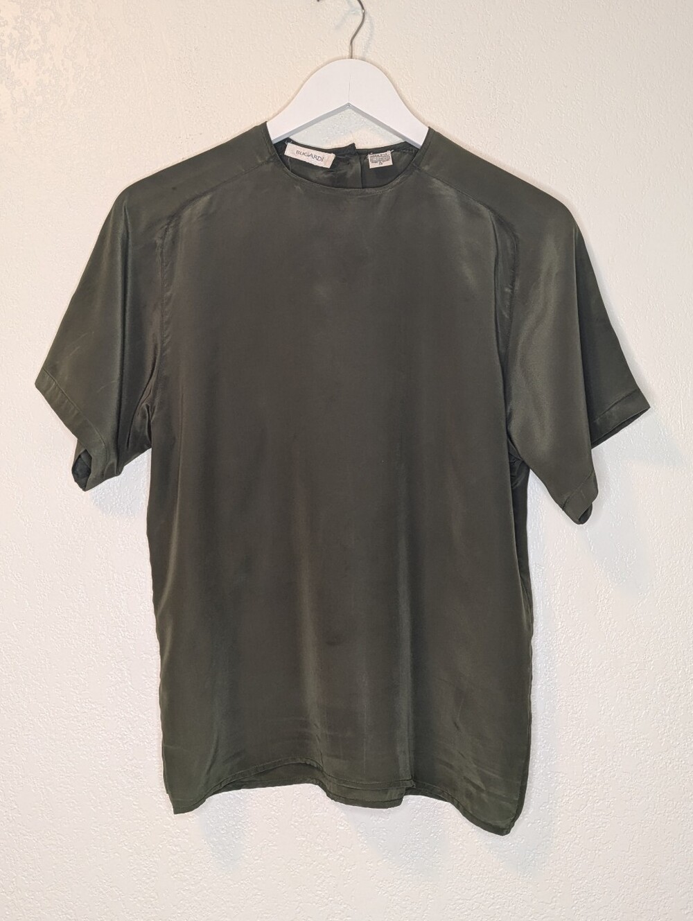 Vintage BUGARDI 100% Silk Short Sleeve Top Blouse Olive Green Size 12